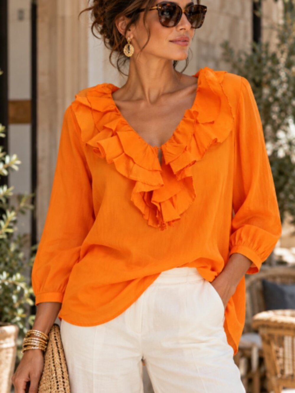 Lauren Ralph Lauren Blouse Orange Ruffle Neck Boho Romantic Vibrant XL